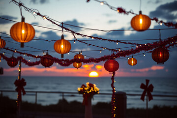 Festive outdoor scene at dusk. Glowing lanterns and string lights decorate a space, sea and vibrant sunset in the background, creating warm ambiance.