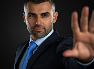 businessman showing stop sign