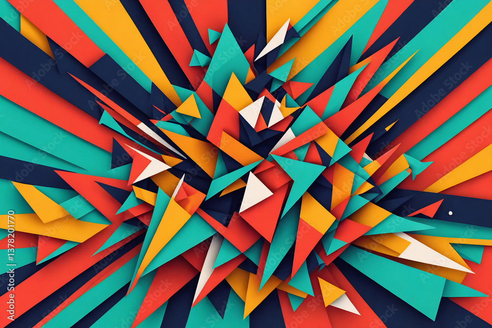 Poster abstract geometric design featuring a dynamic burst of triangular shapes and sharp edges. vibrant co