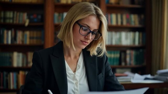 Abogada revisando documentos legales en una oficina con estanter&iacute;a de libros