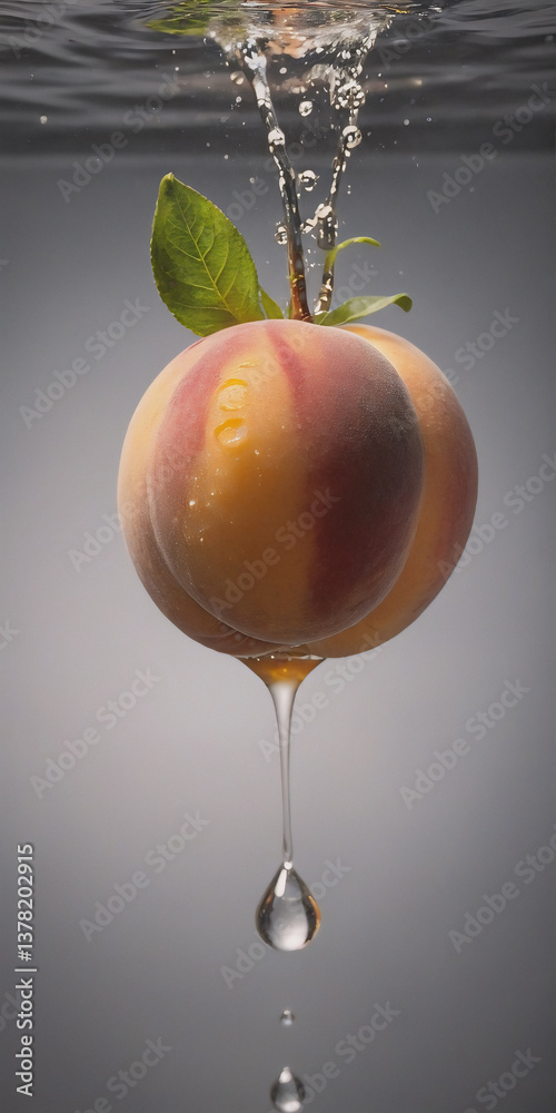 Poster A fresh peach with a leaf is dropped into clear water, creating a splash and droplets. A single drop hangs from the bottom of the fruit.