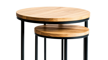Nesting tables with round oak tops, black metal frames, isolated, cut out transparent