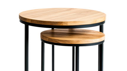 Nesting tables with round oak tops, black metal frames, isolated, cut out transparent