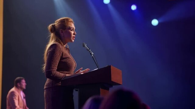 L&iacute;der femenina hablando desde un podio durante un evento corporativo