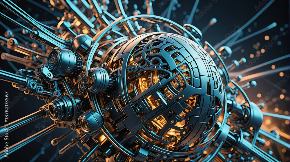 Poster A complex mechanical sphere with intricate details, wires, and glowing lights, suggesting advanced futuristic technology.