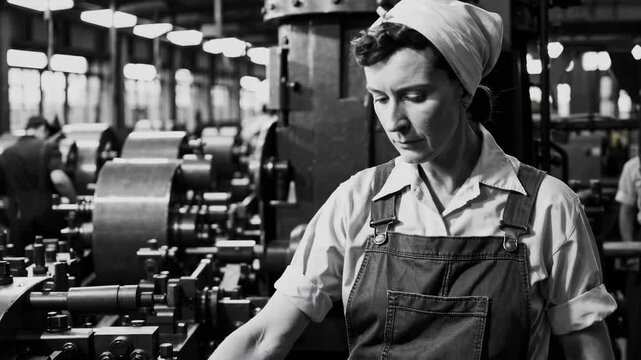 Woman operating machinery in vintage factory setting demonstrating industrial skill and precision