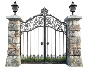 Elegant wrought iron gate with stone pillars, featuring intricate designs and decorative lanterns. This stunning entrance adds charm and sophistication to any property