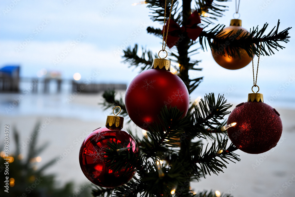 Poster christmas tree adorned with red and gold baubles is set up on a beach with a pier visible in the dis
