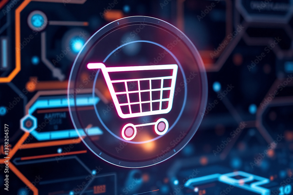 Fototapete A glowing shopping cart icon is displayed on a digital circuit board background, representing online shopping and e-commerce in a futuristic and technological style.
