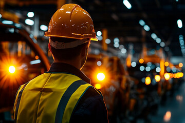 Engineer in high visibility vest and hard hat observes production line in factory, showcasing focus on safety and efficiency in modern industrial environment