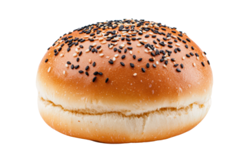 Delicious sesame seed hamburger bun on black background, cut out