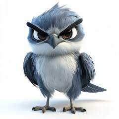 Fototapeta premium Cartoon blue bird character with an angry expression, fluffy feathers, and cartoonish features, perfect for illustrations or animations