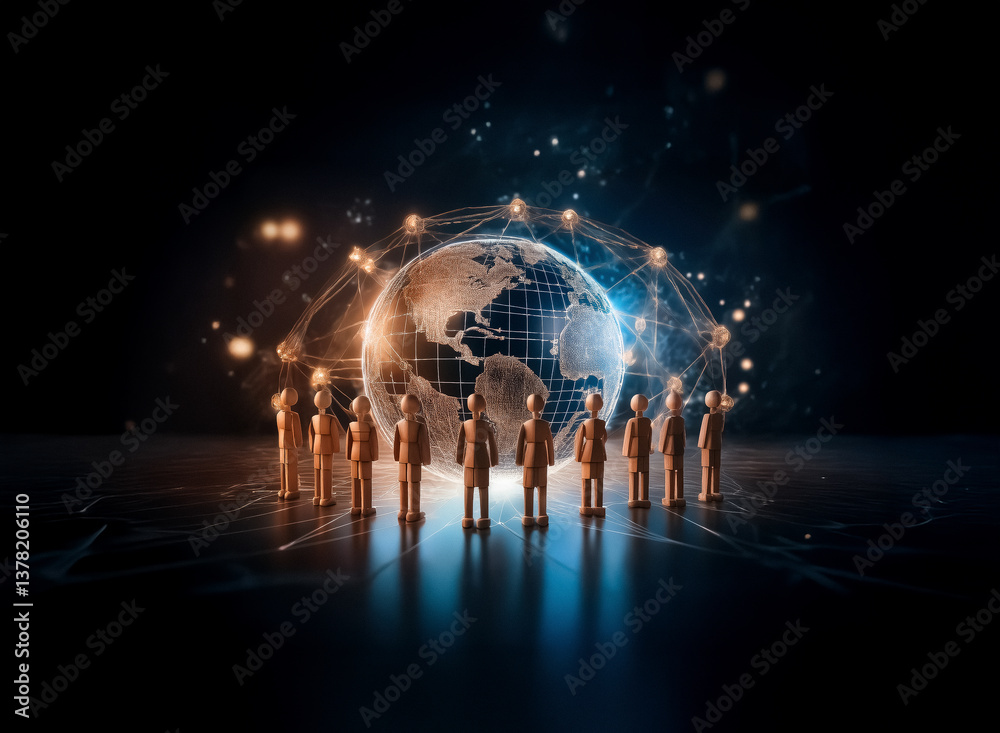 Aufkleber a group of figures stand encircling a glowing globe with network connections. light effects illumina