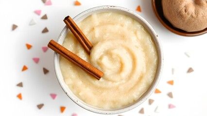 Appetizing Apple Sauce Delight: A close-up shot showcases a bowl of creamy apple sauce, beautifully adorned with cinnamon sticks, against a captivating background.