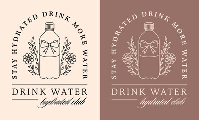 Drink more water stay hydrated club hydrate quotes fit gym girl reminder sticker cute floral water bottle. Retro vintage girly bow brown beige black aesthetic printable poster print shirt design.
