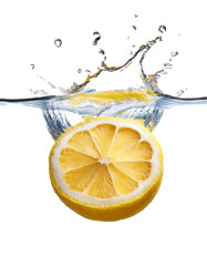 Fresh lemon slice splashing with water on transparent background