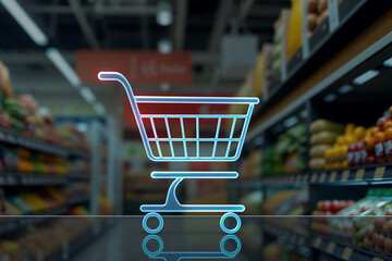 Glowing shopping cart symbol in a blurred grocery store aisle filled with shelves of colorful fresh produce and supermarket goods. Retail concept.