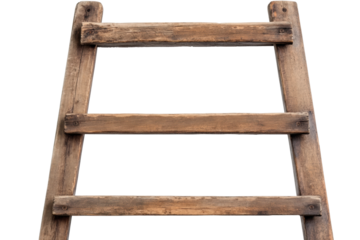 Old wooden ladder with three rungs against black background, cut out