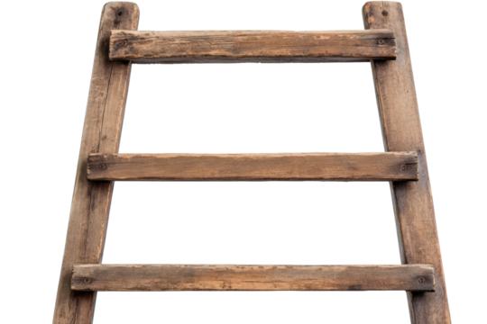 Old wooden ladder with three rungs against black background, cut out