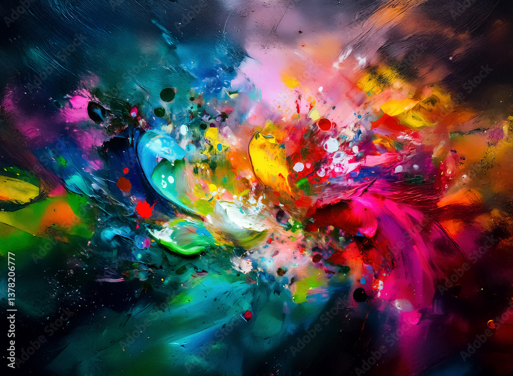Poster Abstract painting featuring a vibrant explosion of colors. Dynamic brushstrokes and textures create an energetic and expressive artwork.