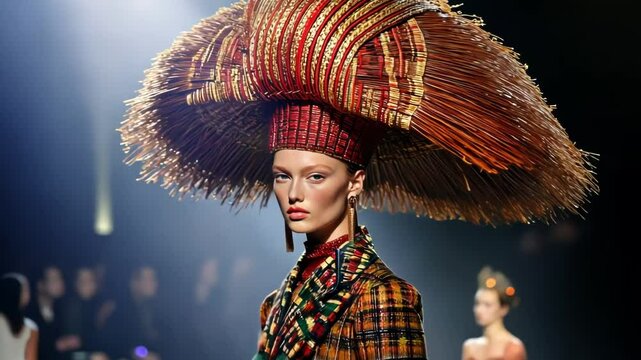 A striking model on the runway, showcasing vibrant tribal fashion.