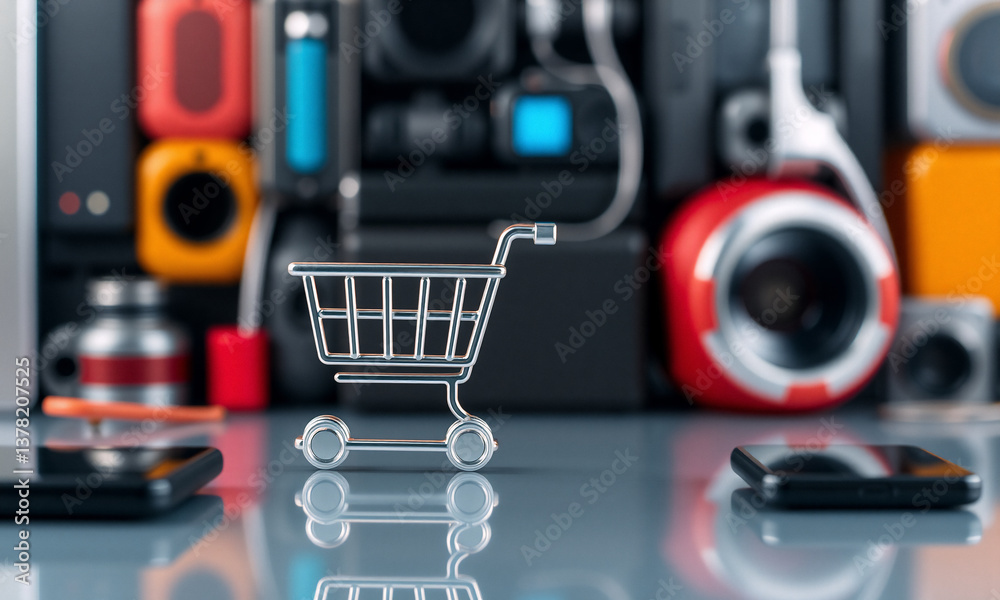 Poster A small shopping cart sits on a glossy surface, surrounded by a blurred array of consumer electronics like cameras, speakers, and phones, suggesting online shopping.