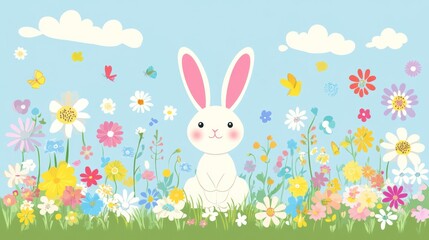 Charming Bunny Amidst Vibrant Spring Flowers and Butterflies Ideal for Easter Greeting Cards