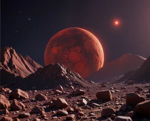 A breathtaking view of a rocky landscape under a starry sky, featuring a large red planet looming above distant mountains.