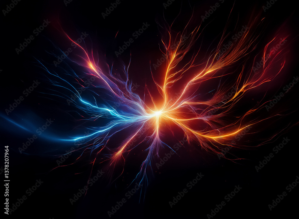 Aufkleber abstract depiction of vibrant blue and orange energy streams emanating from a central point on a dar