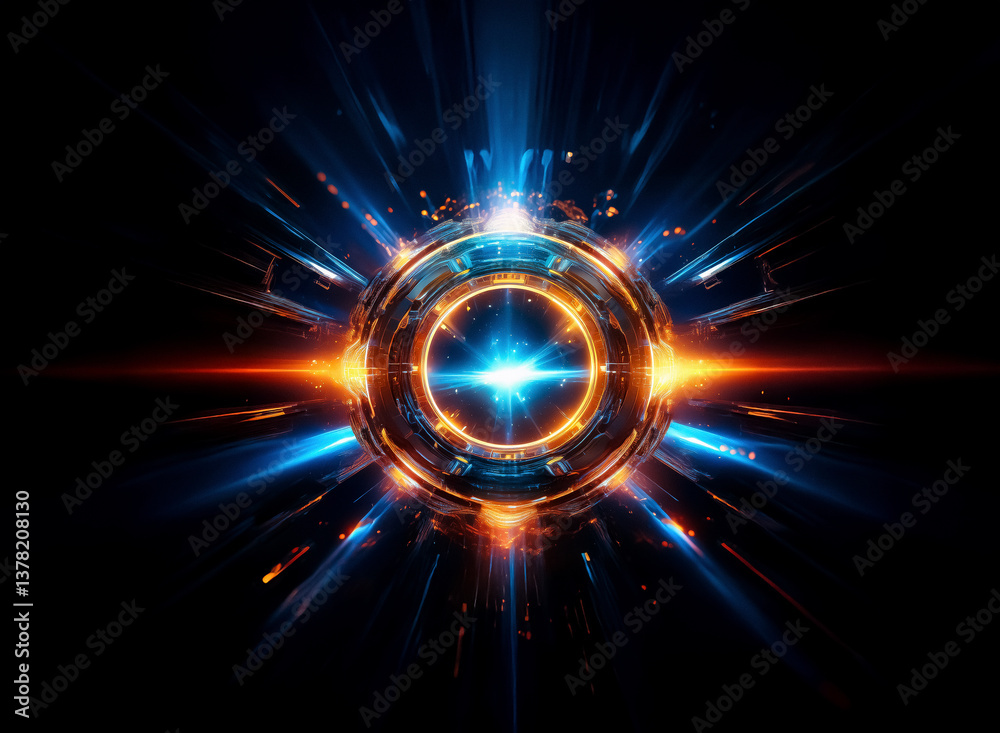 Aufkleber abstract glowing circular design with radiant blue and orange light bursts from a central point on a