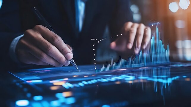 Futuristic business analytics with executive analyzing digital graphs and data image