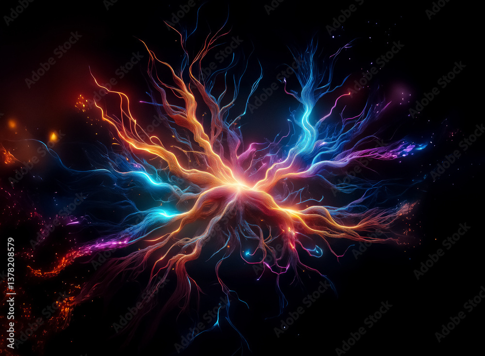 Aufkleber Vibrant abstract energy radiates from a central point, branching outwards in colorful streams against a dark backdrop.  Evokes a cosmic network.