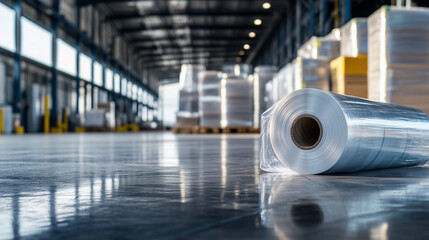 A roll of transparent stretch film resting on a loading dock, with industrial shipments stacked behind, ready for packaging and distribution
