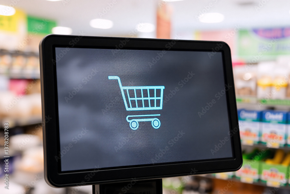Aufkleber A screen at a store checkout counter displays a shopping cart icon.  Shelves of products are visible in the blurred background of the retail environment.