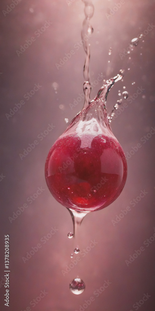 Aufkleber A vibrant red fruit is suspended as water splashes and drips around it, creating a dynamic and refreshing scene against a soft backdrop.