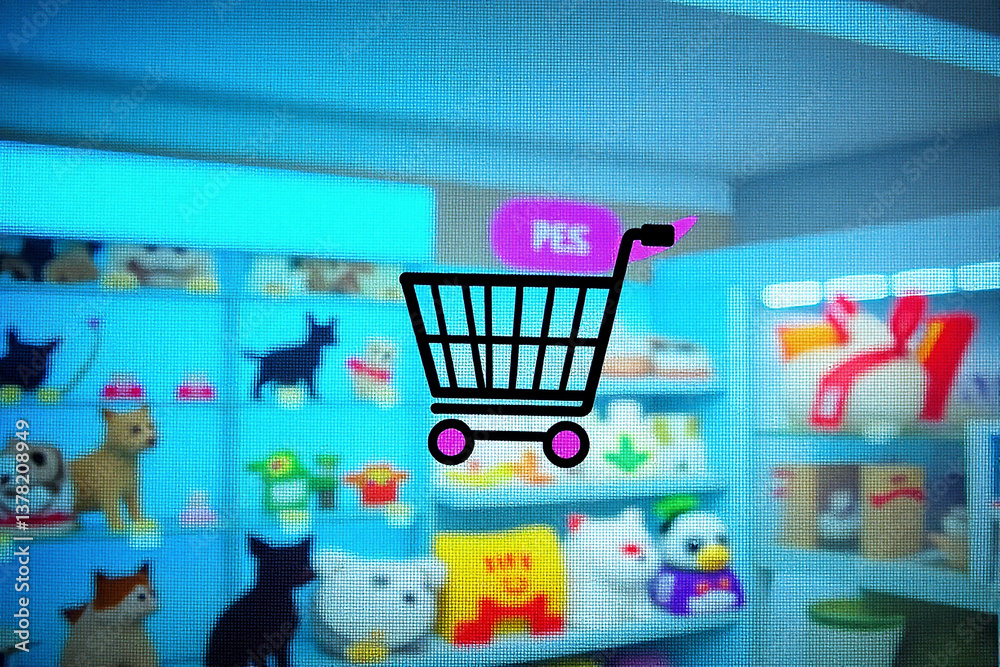 Aufkleber a pet store aisle featuring a shopping cart symbol is displayed in front of shelves stocked with var
