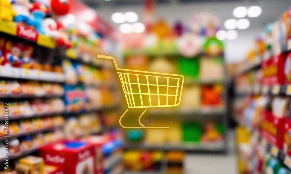 Poster a luminous shopping cart symbol is positioned in front of a hazy supermarket aisle filled with stock