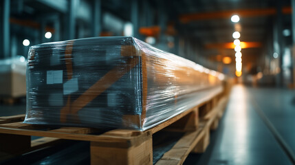 A dynamic shot of stretch film being unrolled and tightly applied to cargo on a wooden pallet, with a slight reflection from overhead lighting