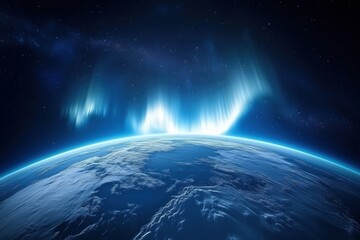 Fototapeta premium Planet Earth horizon from space with aurora borealis glowing over surface