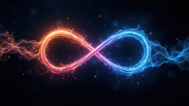 "Infinity loop with blue and orange hues against a digital background."