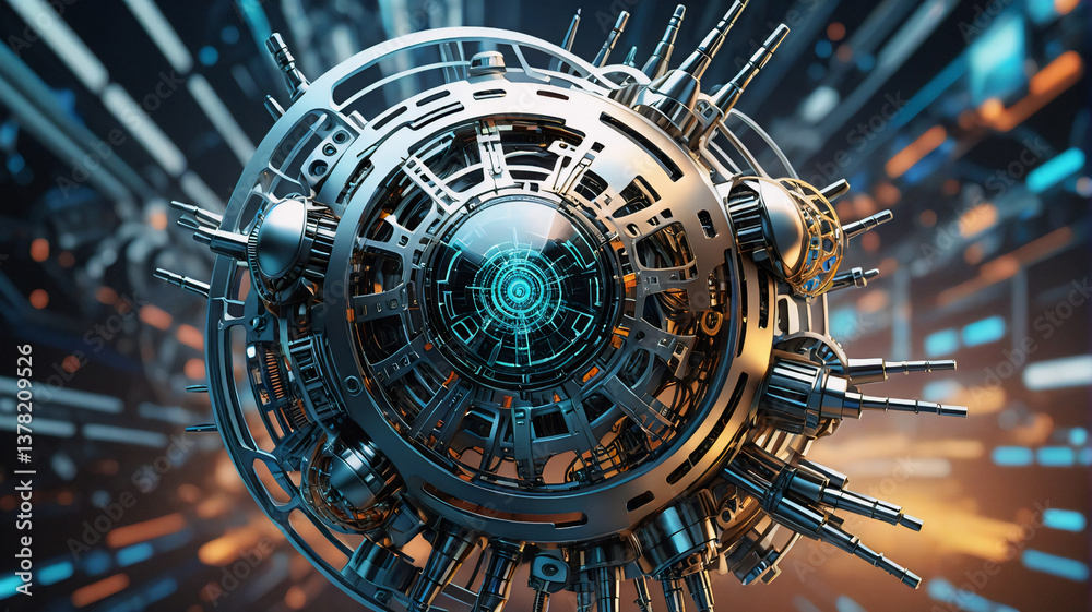 Poster intricate metallic sphere with complex gears and spikes, set against a blurred, futuristic backdrop 