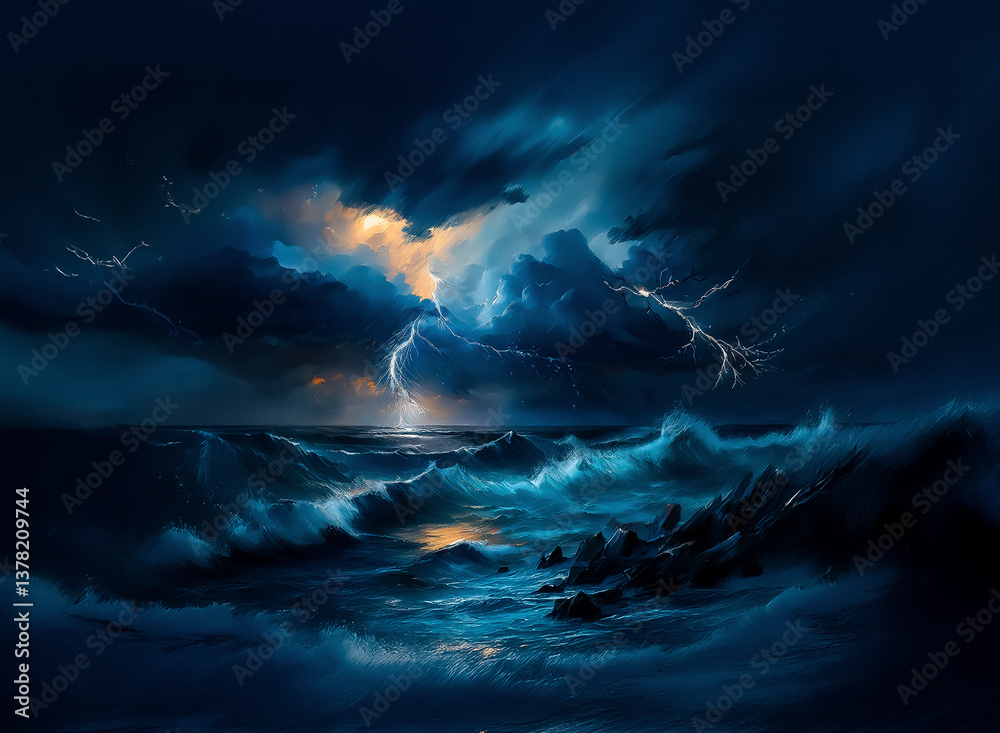 Aufkleber a dramatic seascape of a dark, stormy night. turbulent waves crash under a sky filled with ominous c