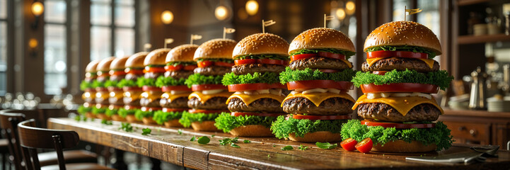 lots of tasty burgers on a table in a cafe
