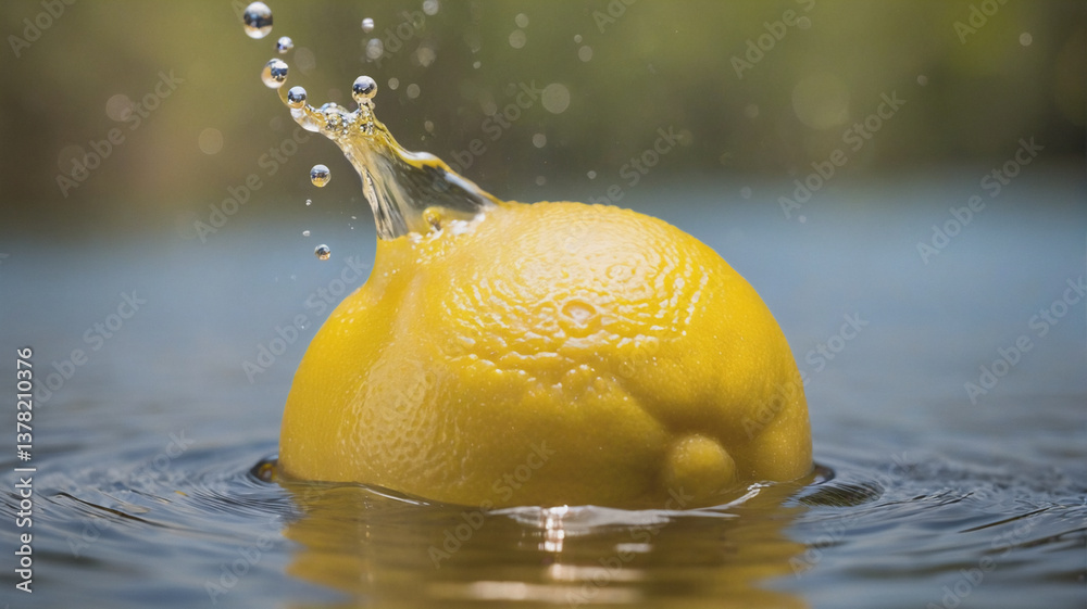 Poster a yellow lemon is dropped into clear water, creating a dynamic splash and radiating ripples. the fru