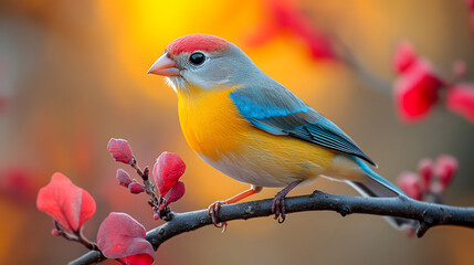 Fototapeta premium A colorful bird perched on a branch with pink flowers in the background