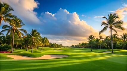 Tropical Golf Course with Palm Trees, Green Fairway, and Scenic Cloudy Sky at Sunset