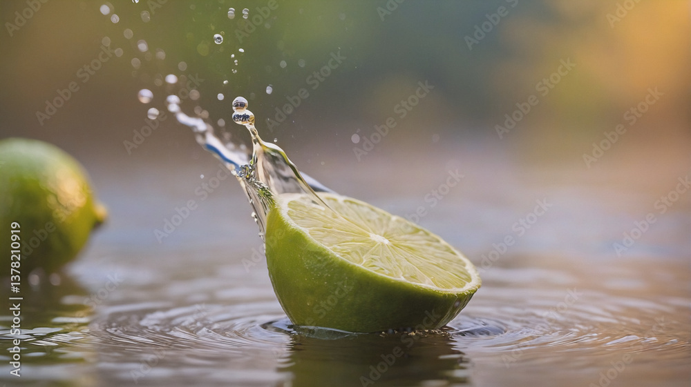 Poster Lime slice plunges into water creating dynamic splash and ripples. Another whole lime is in soft focus, bathed in warm, natural light.