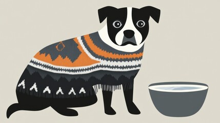 Obraz premium Cute Dog in Knit Sweater with Bowl of Water