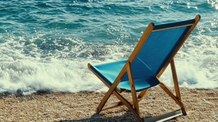 Fototapeta premium A blue canvas beach chair facing the open sea, soft waves washing over the shore.