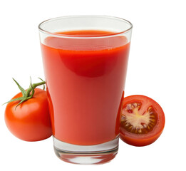 Fresh tomato juice in glass with whole and sliced tomatoes, cut out